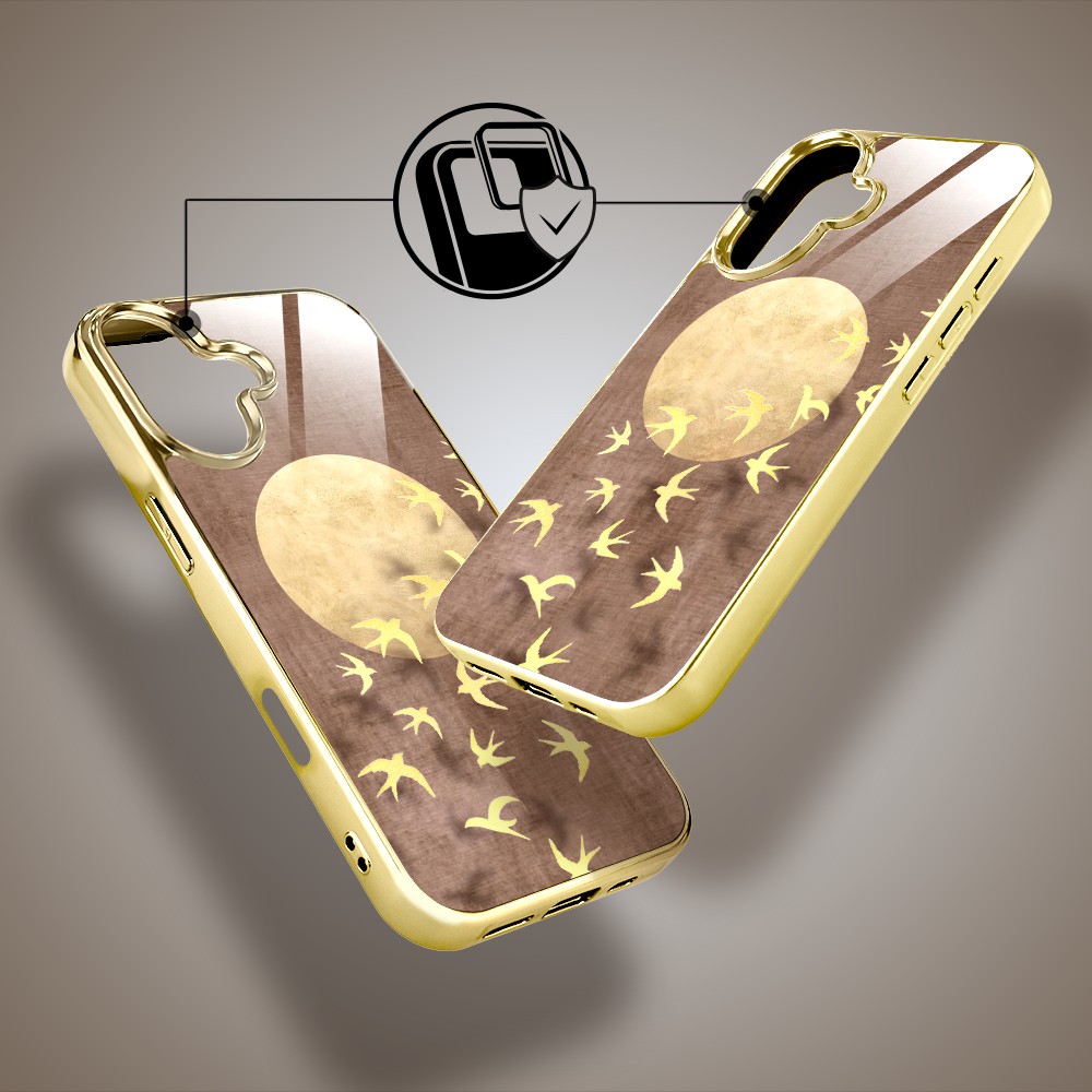 Etui do iPhone 16, Elite Glass z MagSafe, szklany tył, Zwierzęta, Taniec jaskółek, złote (5)