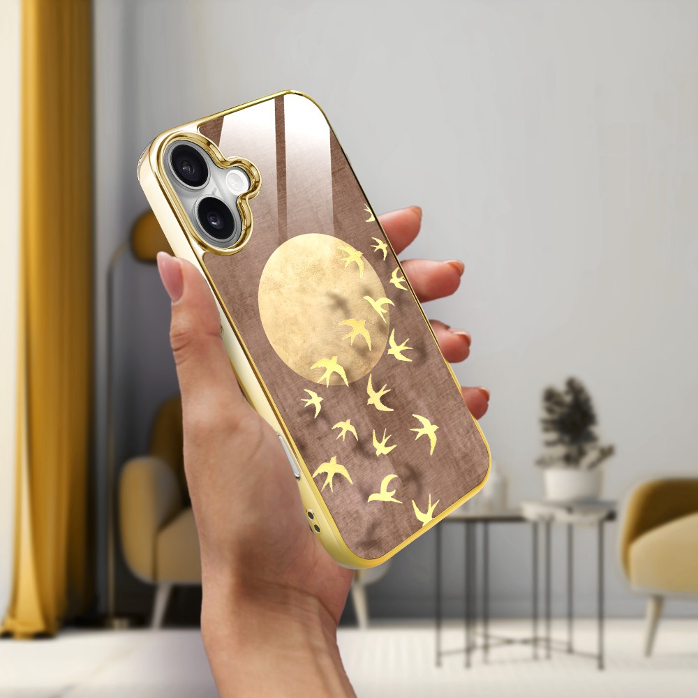 Etui do iPhone 16, Elite Glass z MagSafe, szklany tył, Zwierzęta, Taniec jaskółek, złote (6)