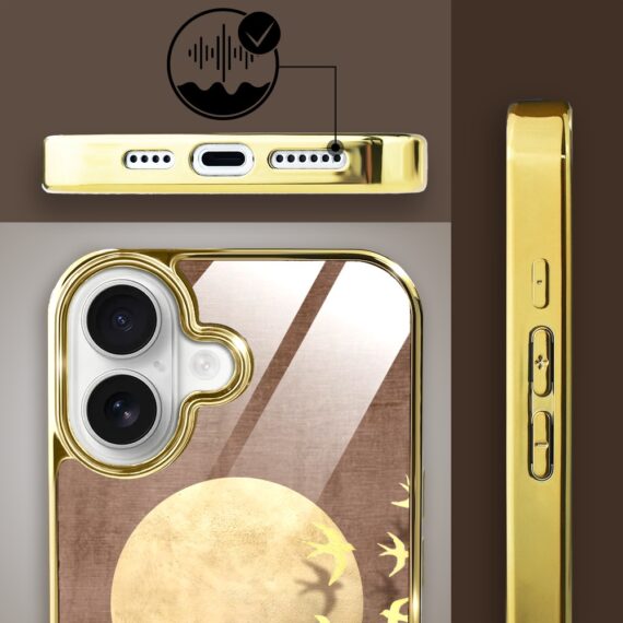 Etui do iPhone 16, Elite Glass z MagSafe, szklany tył, Zwierzęta, Taniec jaskółek, złote (7)