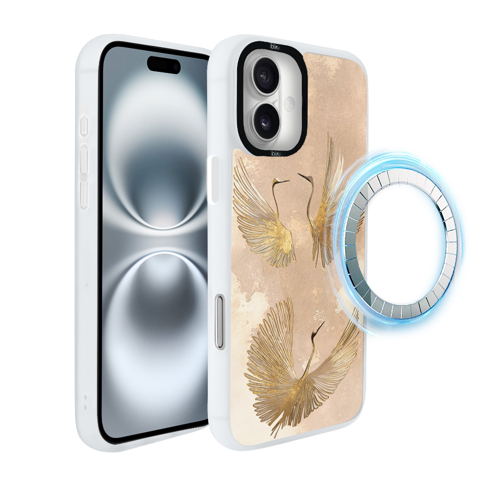 Etui do iPhone 16 Plus IBIZU DropGuard Matt z MagSafe, Boho, Złote żurawie