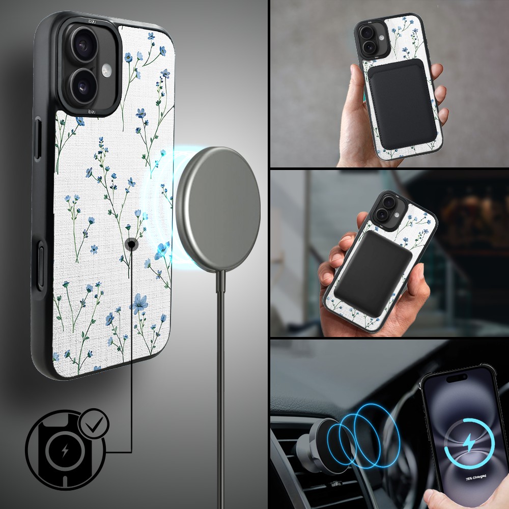 Etui do iPhone 16 IBIZU DropGuard Matt z MagSafe, Pastel Bloom, Niebieski sen (7)
