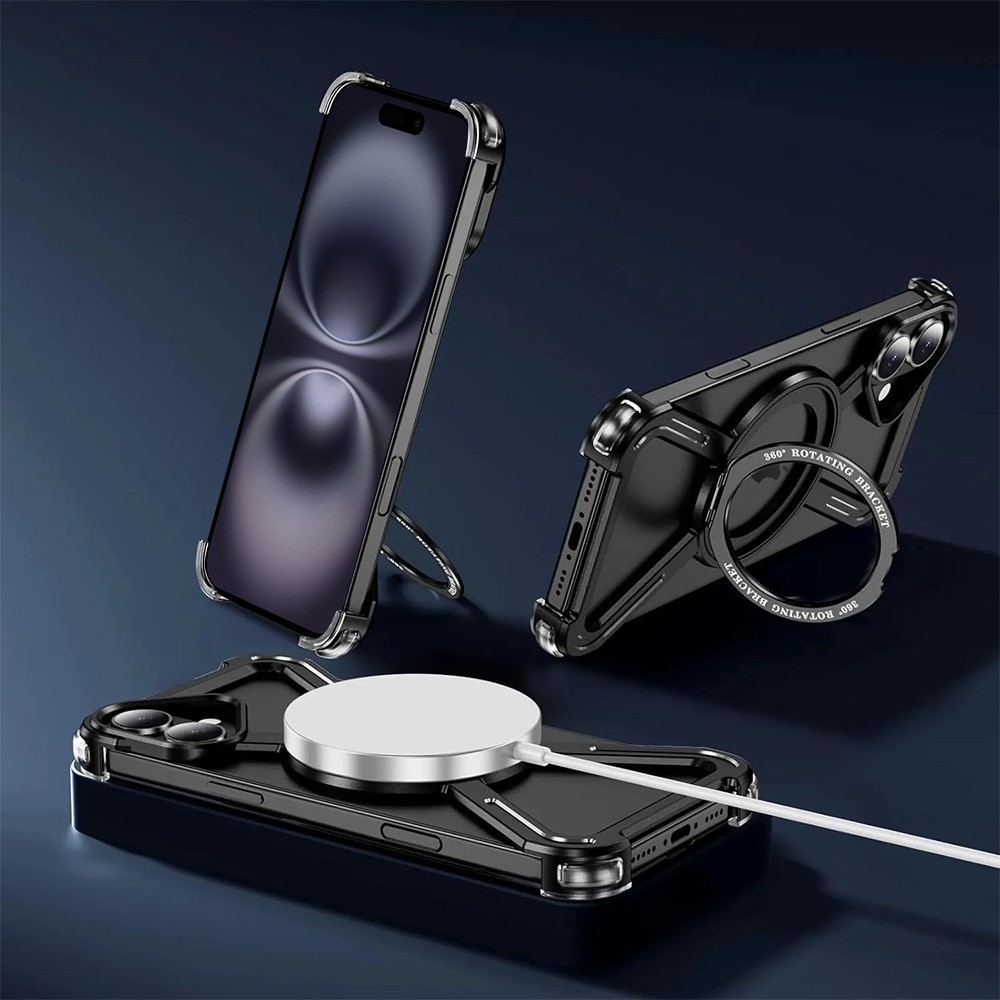 Etui do iPhone 16, Metal X-Shield metalowe, z widocznym logo i podstawką, czarne (2)