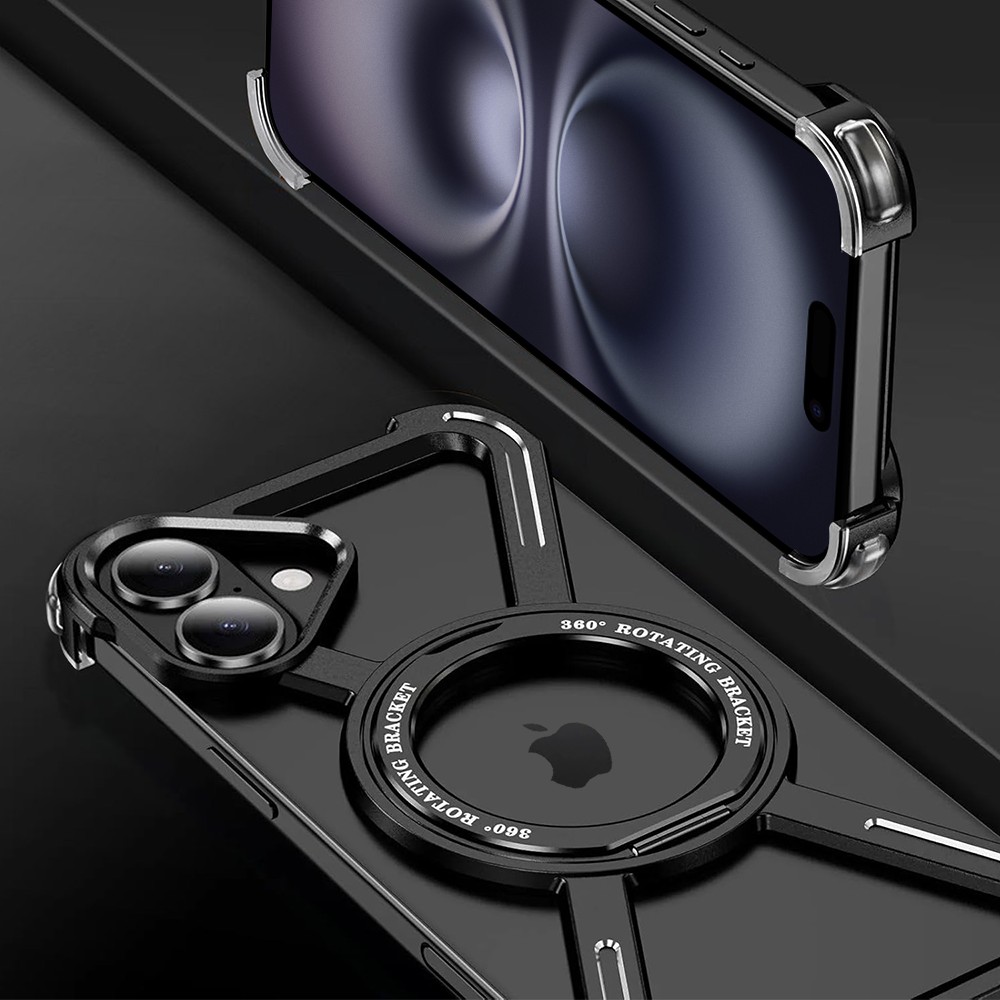 Etui do iPhone 16, Metal X-Shield metalowe, z widocznym logo i podstawką, czarne (5)
