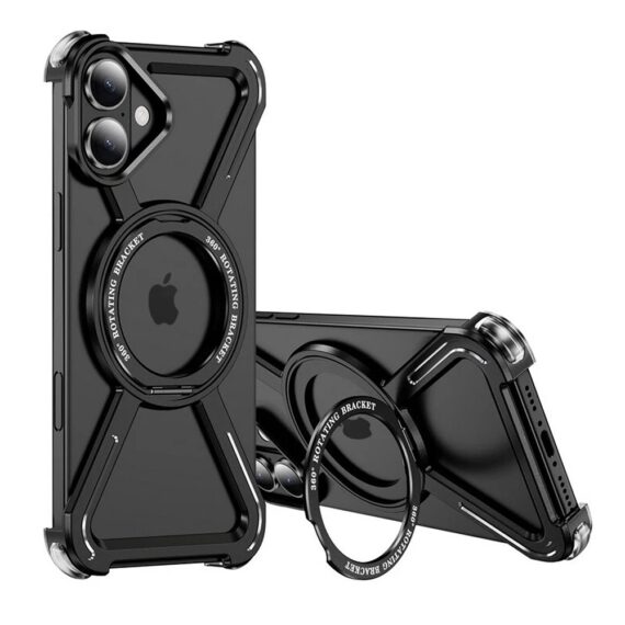 Etui do iPhone 16, Metal X-Shield metalowe, z widocznym logo i podstawką, czarne (6)