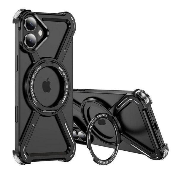 Etui do iPhone 16, Metal X-Shield metalowe, z widocznym logo i podstawką, czarne