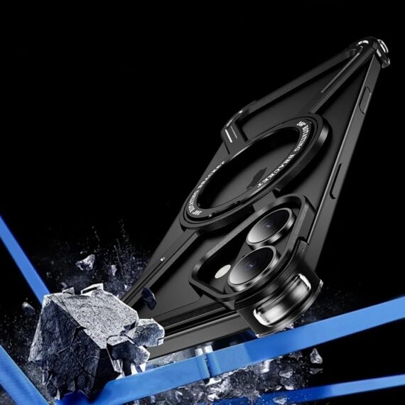 Etui do iPhone 16, Metal X-Shield metalowe, z widocznym logo i podstawką, czarne (7)
