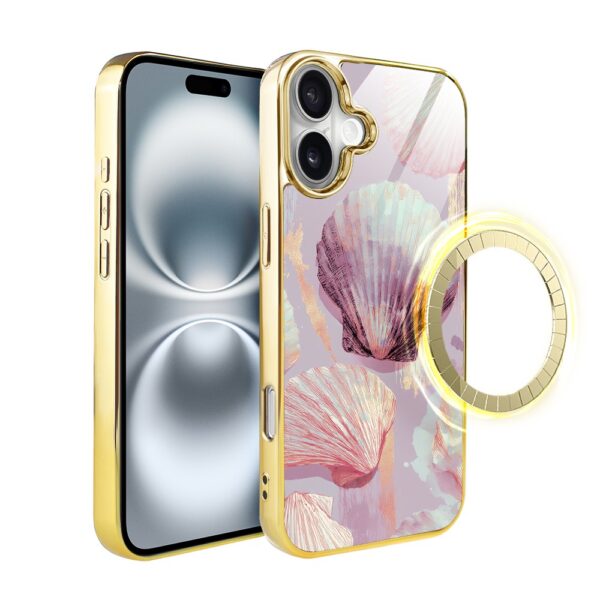 Etui do iPhone 16 Plus, Elite Glass z MagSafe, szklany tył, Morze, Perłowa muszla, złote