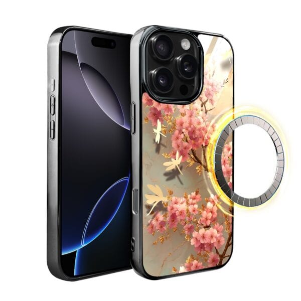 Etui do iPhone 16 Pro, Elite Glass z MagSafe, szklany tył, Azja, Taniec sakury, czarne