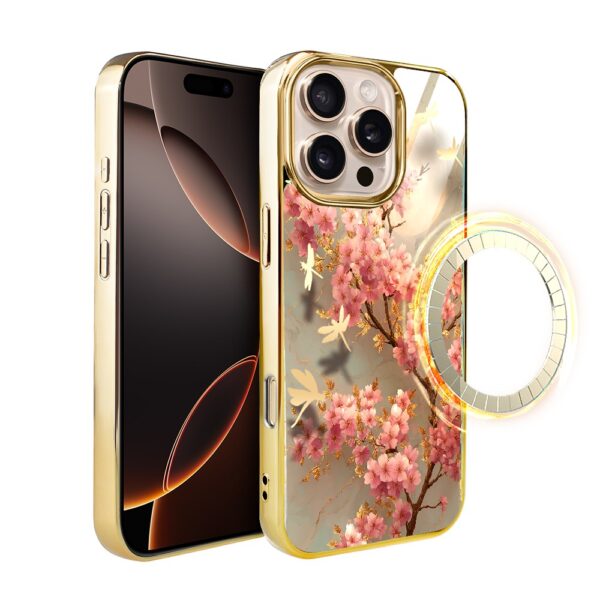 Etui do iPhone 16 Pro, Elite Glass z MagSafe, szklany tył, Azja, Taniec sakury, złote