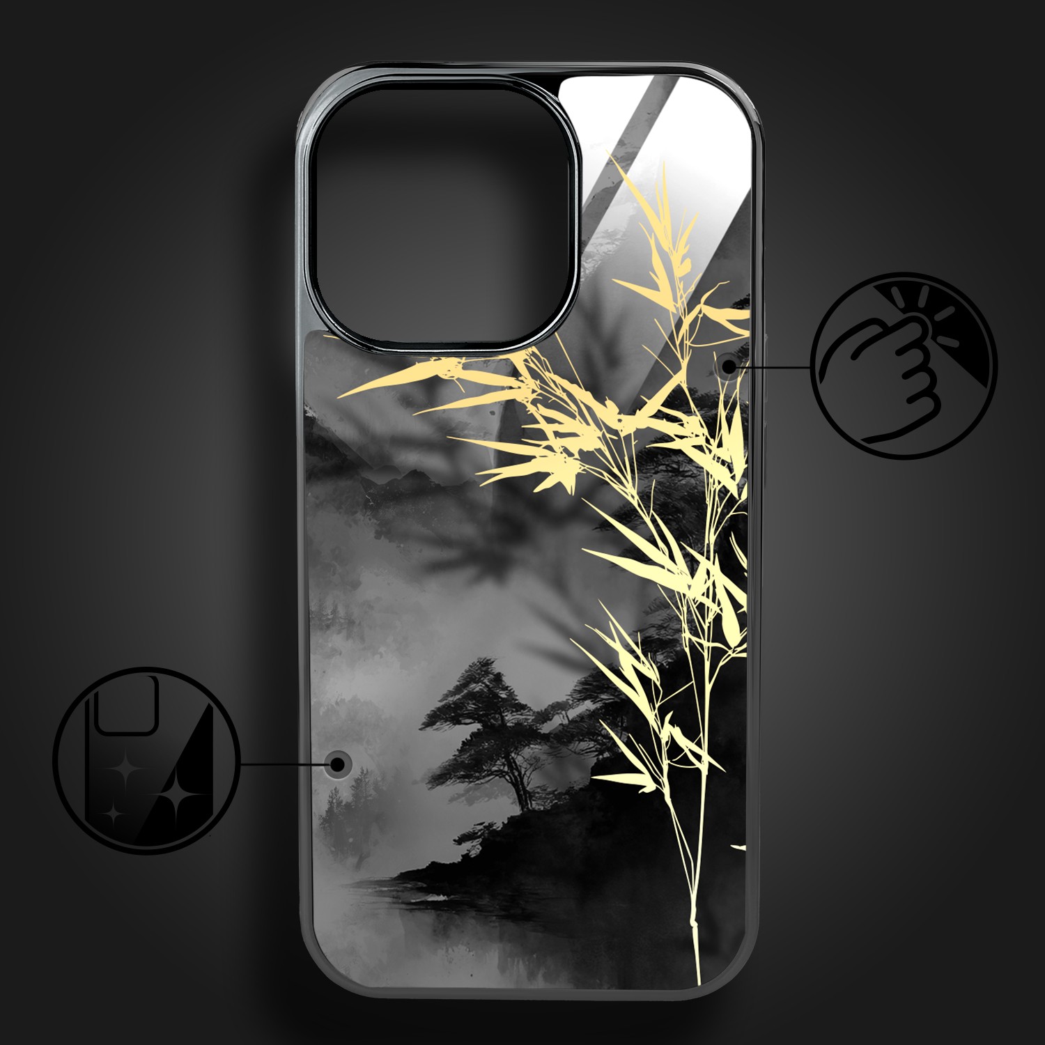 Etui-do-iPhone-16-Pro-Elite-Glass-z-MagSafe-szklany-tył-Azja-Złoty-bambus-czarne (7)