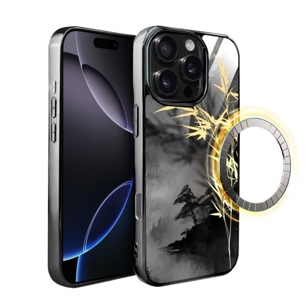 Etui do iPhone 16 Pro, Elite Glass z MagSafe, szklany tył, Azja, Złoty bambus, czarne