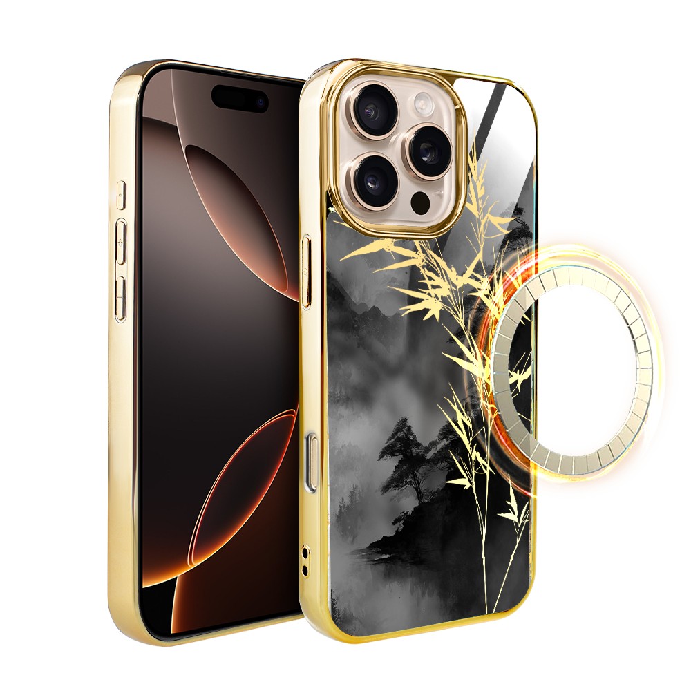 Etui do iPhone 16 Pro, Elite Glass z MagSafe, szklany tył, Azja, Złoty bambus, złote