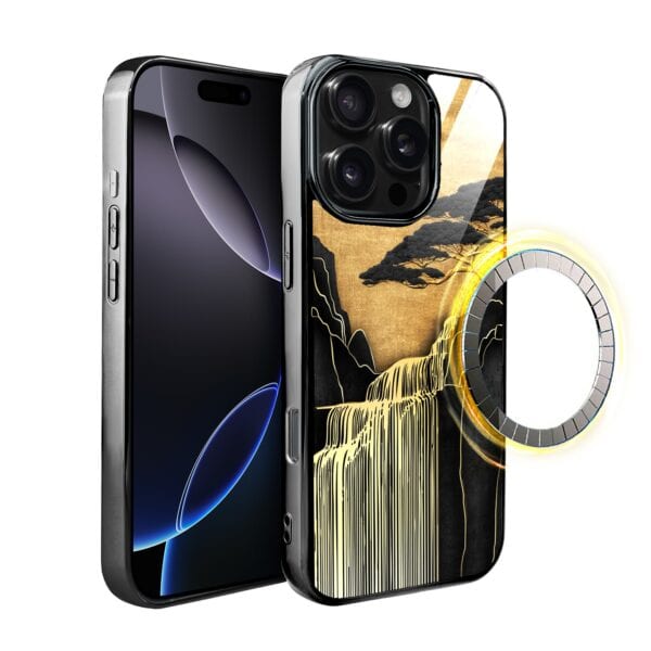 Etui do iPhone 16 Pro, Elite Glass z MagSafe, szklany tył, Azja, Złoty wodospad, czarne