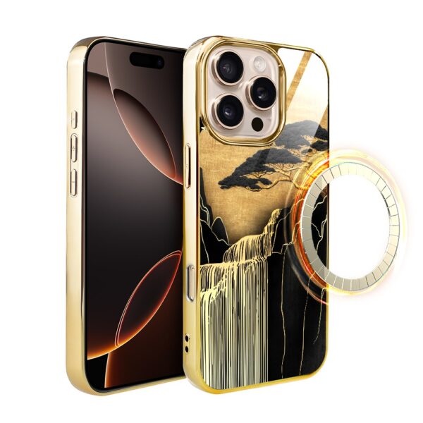 Etui do iPhone 16 Pro, Elite Glass z MagSafe, szklany tył, Azja, Złoty wodospad, złote