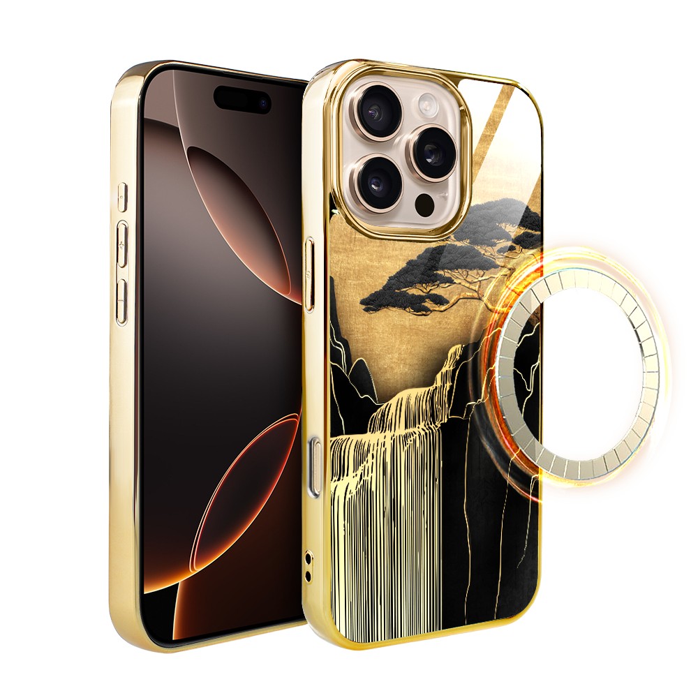 Etui do iPhone 16 Pro, Elite Glass z MagSafe, szklany tył, Azja, Złoty wodospad, złote