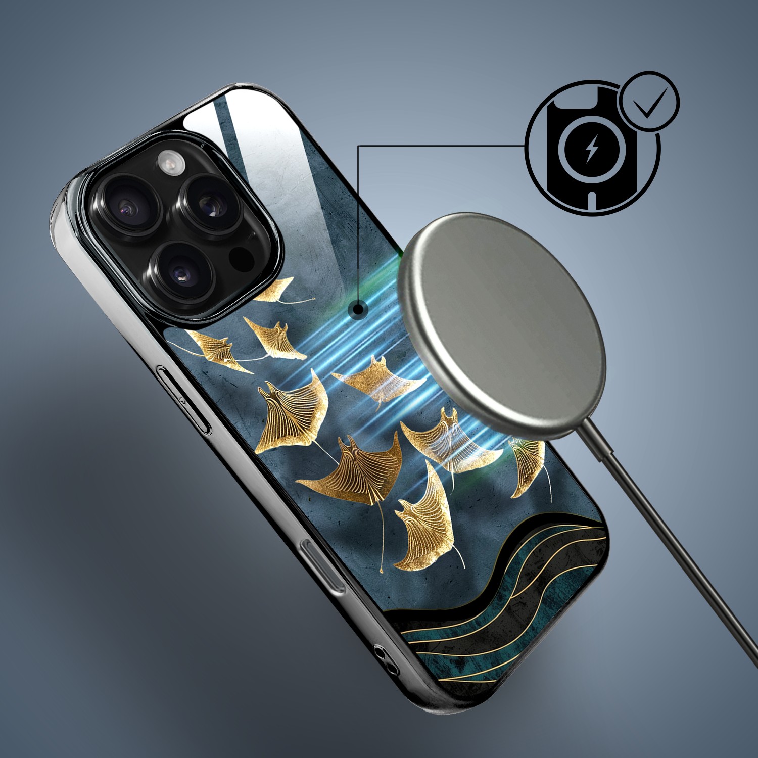 Etui do iPhone 16 Pro, Elite Glass z MagSafe, szklany tył, Morze, Lot płaszczek, czarne (1)