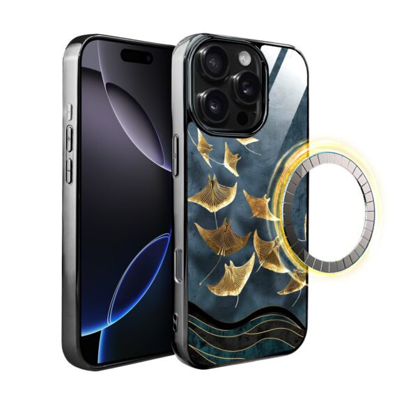 Etui do iPhone 16 Pro, Elite Glass z MagSafe, szklany tył, Morze, Lot płaszczek, czarne (2)
