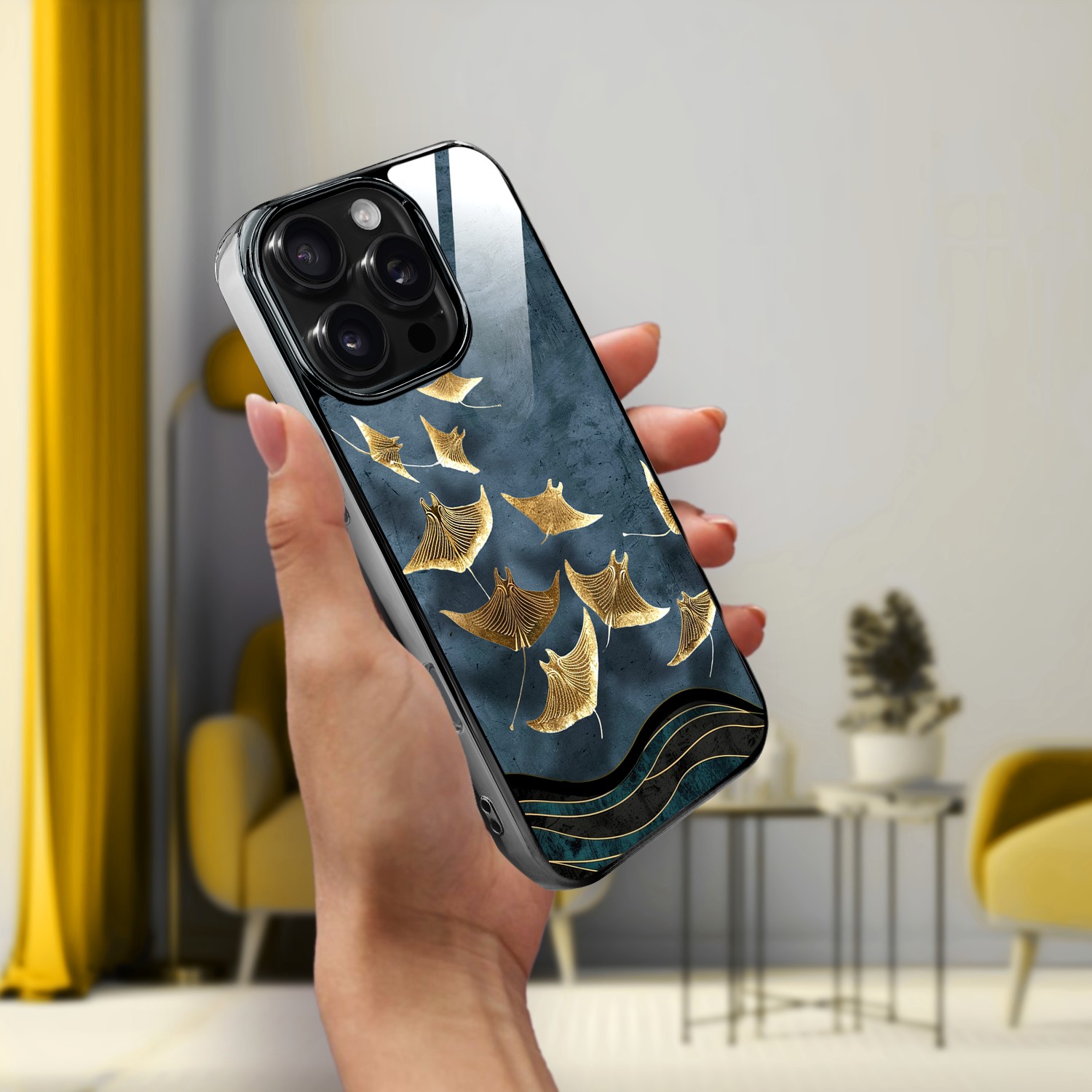 Etui do iPhone 16 Pro, Elite Glass z MagSafe, szklany tył, Morze, Lot płaszczek, czarne (6)