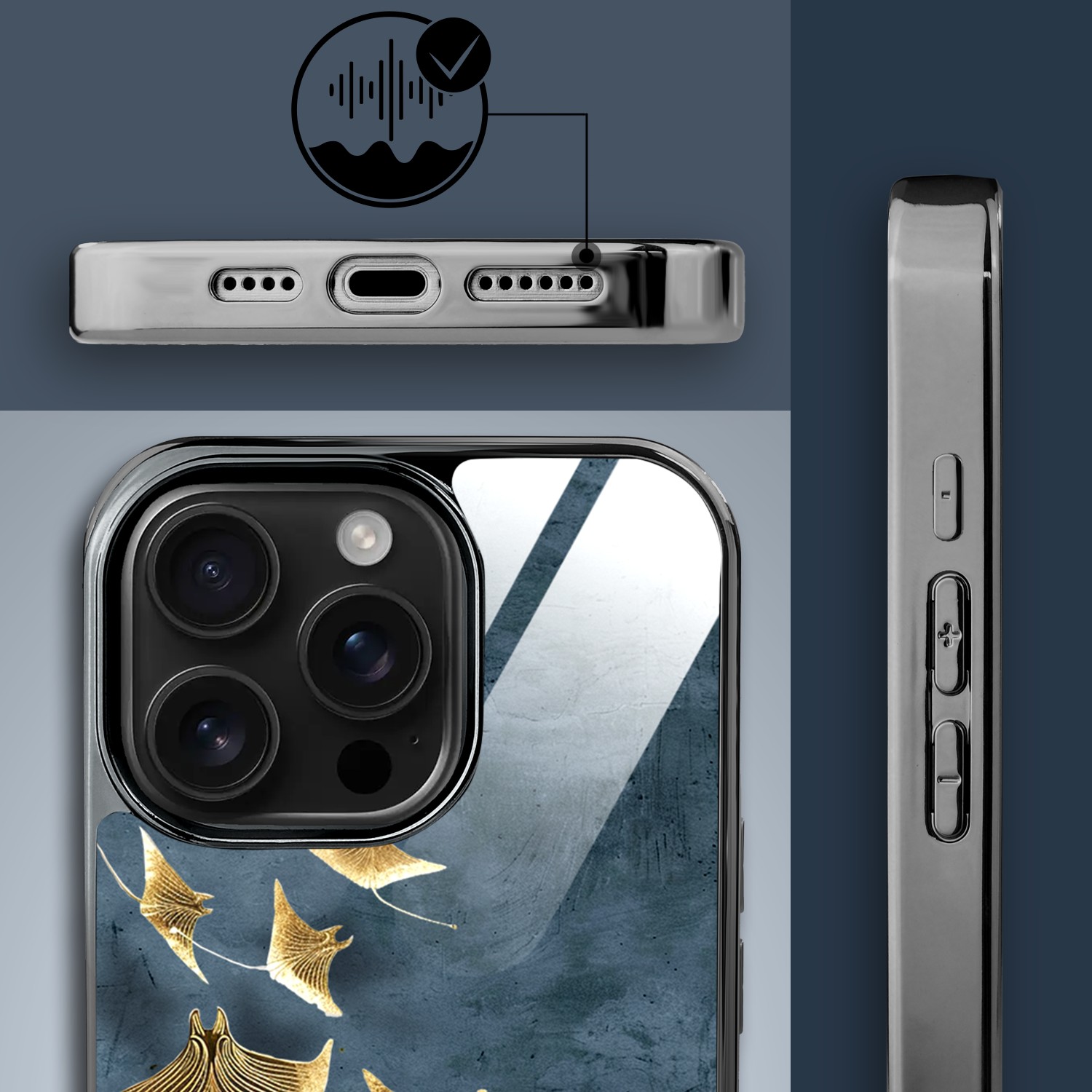 Etui do iPhone 16 Pro, Elite Glass z MagSafe, szklany tył, Morze, Lot płaszczek, czarne (7)