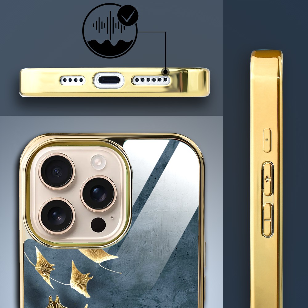 Etui do iPhone 16 Pro, Elite Glass z MagSafe, szklany tył, Morze, Lot płaszczek, złote (1)