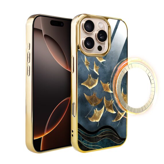 Etui do iPhone 16 Pro, Elite Glass z MagSafe, szklany tył, Morze, Lot płaszczek, złote (4)