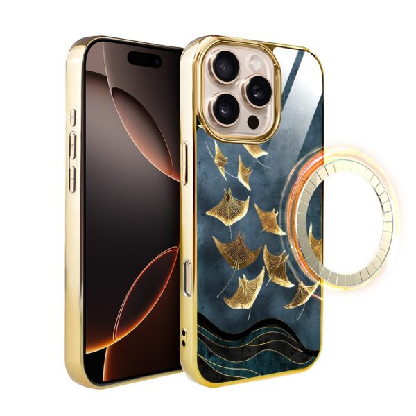 Etui do iPhone 16 Pro Max, Elite Glass z MagSafe, szklany tył, Morze, Lot płaszczek, złote
