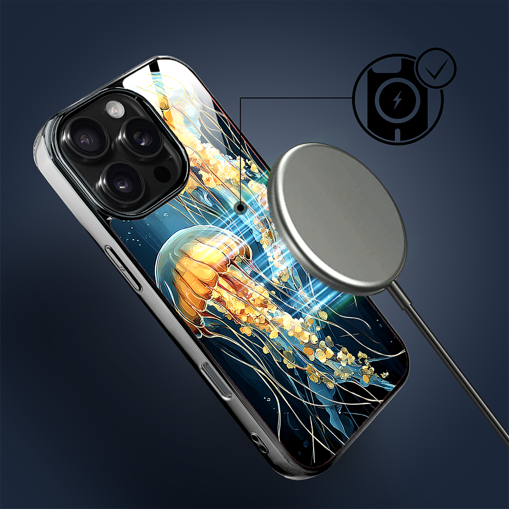 Etui do iPhone 16 Pro, Elite Glass z MagSafe, szklany tył, Morze, Meduzy w głębinach, czarne (2)