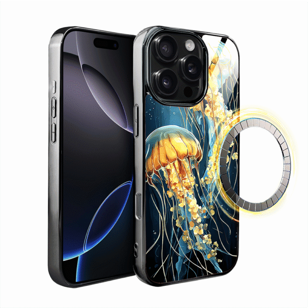 Etui do iPhone 16 Pro, Elite Glass z MagSafe, szklany tył, Morze, Meduzy w głębinach, czarne