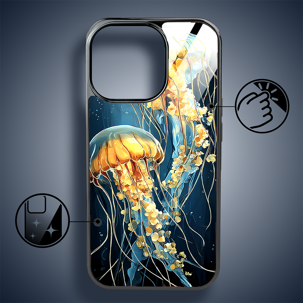 Etui do iPhone 16 Pro, Elite Glass z MagSafe, szklany tył, Morze, Meduzy w głębinach, czarne (4)
