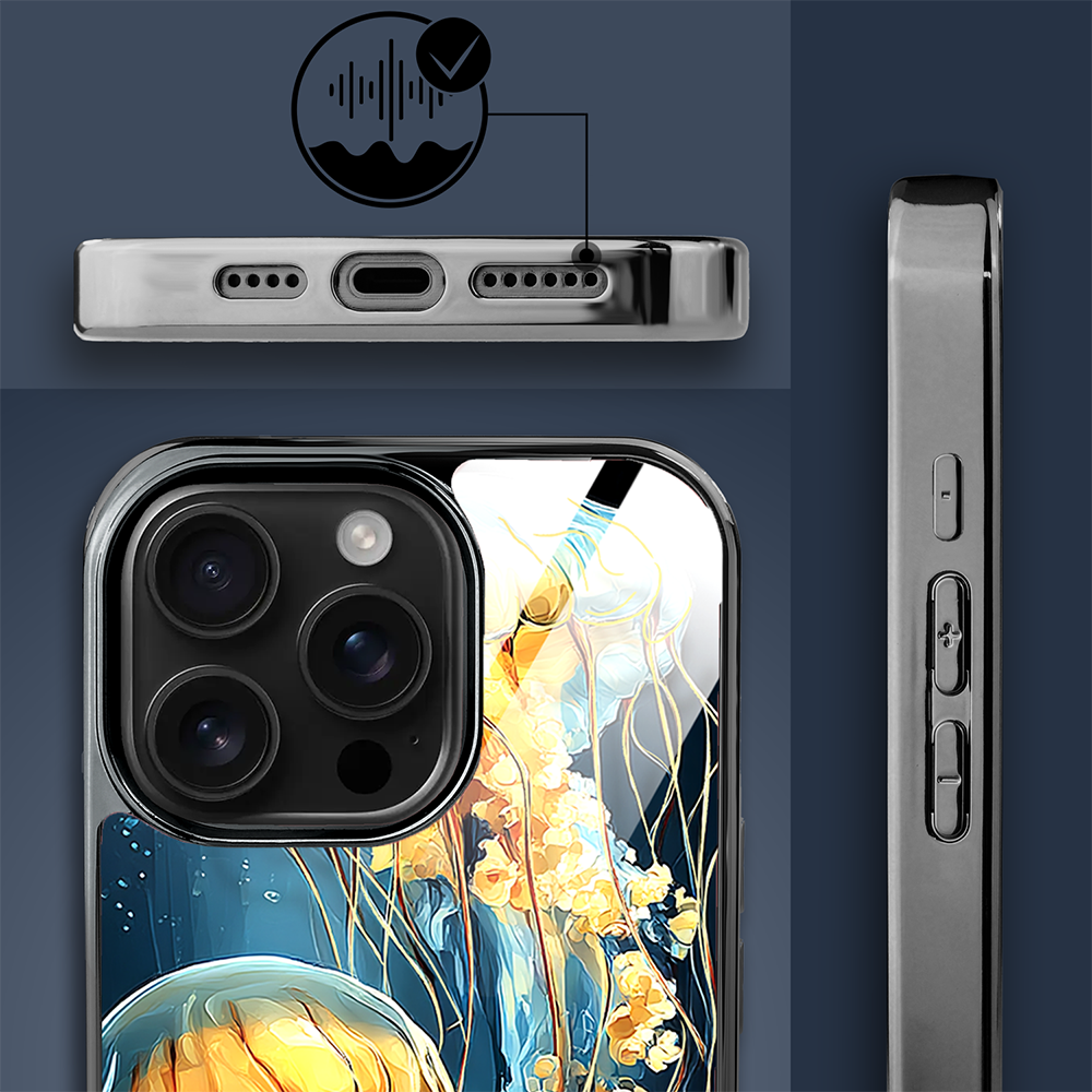 Etui do iPhone 16 Pro, Elite Glass z MagSafe, szklany tył, Morze, Meduzy w głębinach, czarne (8)