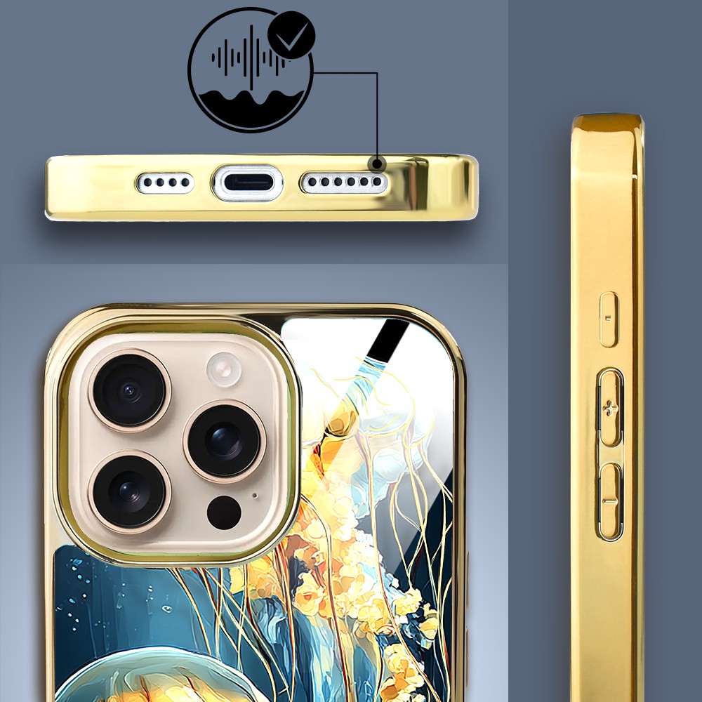 Etui do iPhone 16 Pro, Elite Glass z MagSafe, szklany tył, Morze, Meduzy w głębinach, złote (1)