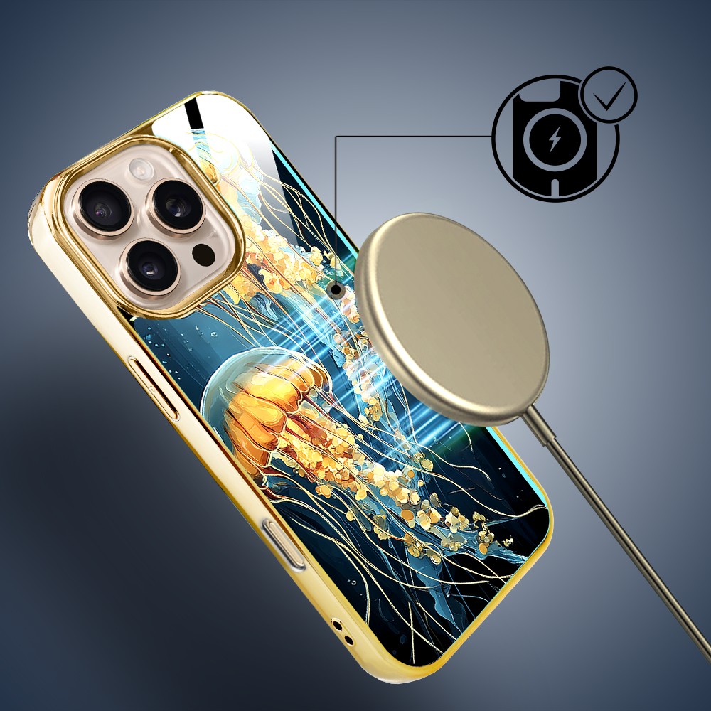 Etui do iPhone 16 Pro, Elite Glass z MagSafe, szklany tył, Morze, Meduzy w głębinach, złote (3)