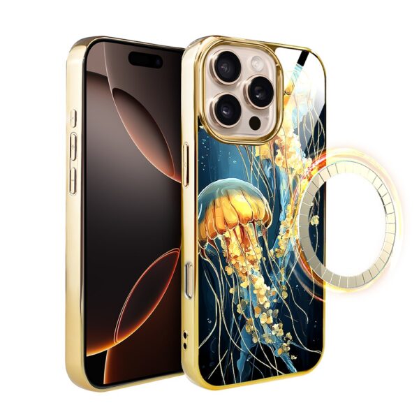 Etui do iPhone 16 Pro, Elite Glass z MagSafe, szklany tył, Morze, Meduzy w głębinach, złote