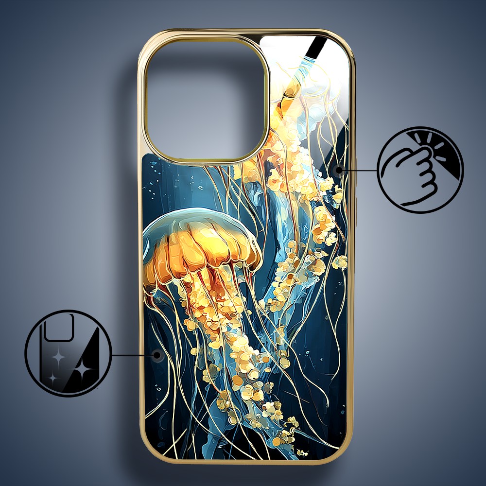 Etui do iPhone 16 Pro, Elite Glass z MagSafe, szklany tył, Morze, Meduzy w głębinach, złote (6)