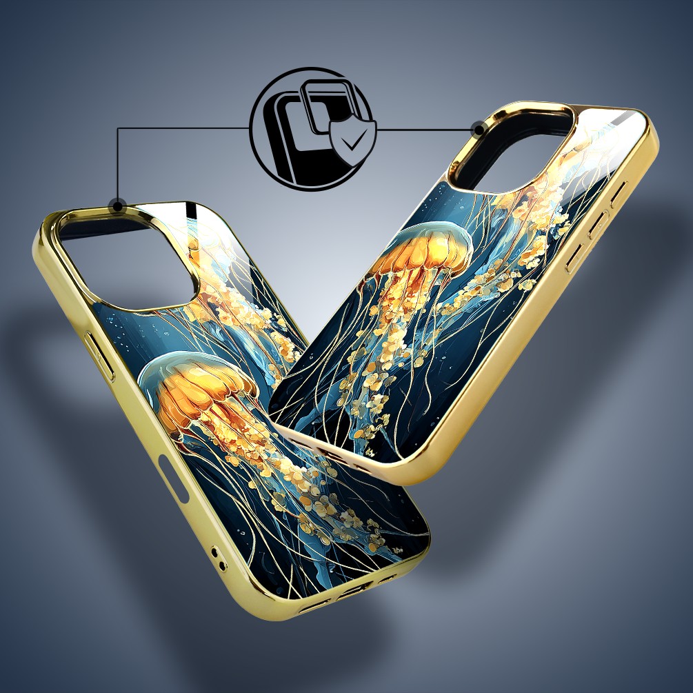 Etui do iPhone 16 Pro, Elite Glass z MagSafe, szklany tył, Morze, Meduzy w głębinach, złote (8)