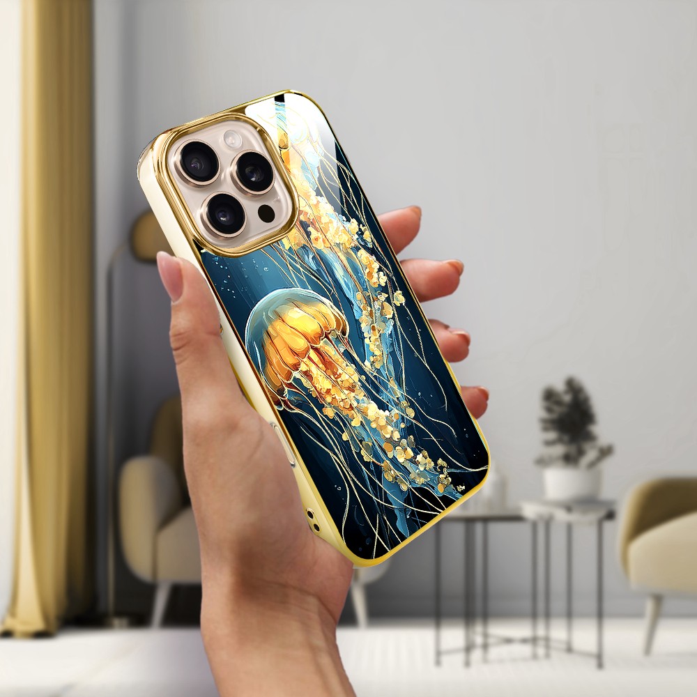 Etui do iPhone 16 Pro, Elite Glass z MagSafe, szklany tył, Morze, Meduzy w głębinach, złote (9)