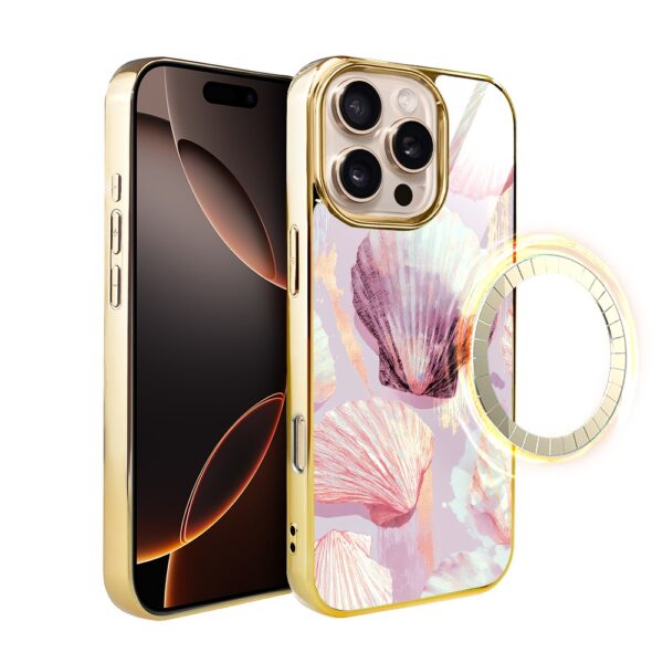 Etui do iPhone 16 Pro, Elite Glass z MagSafe, szklany tył, Morze, Perłowa muszla, złote
