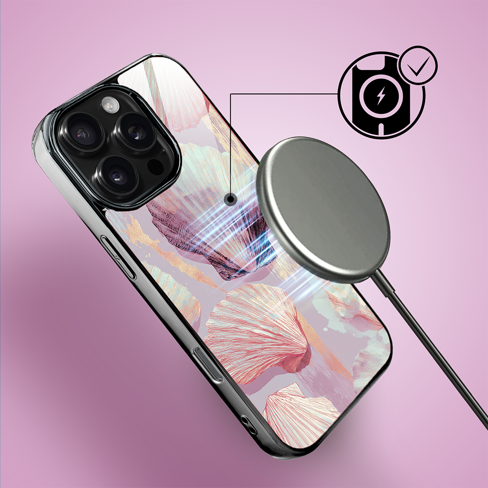 Etui do iPhone 16 Pro, Elite Glass z MagSafe, szklany tył, Morze, Perłowa muszla, czarne (2)