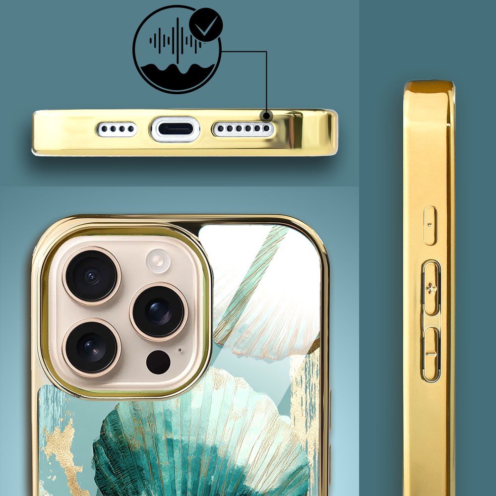Etui do iPhone 16 Pro, Elite Glass z MagSafe, szklany tył, Morze, Turkusowy skarb, złote (1)