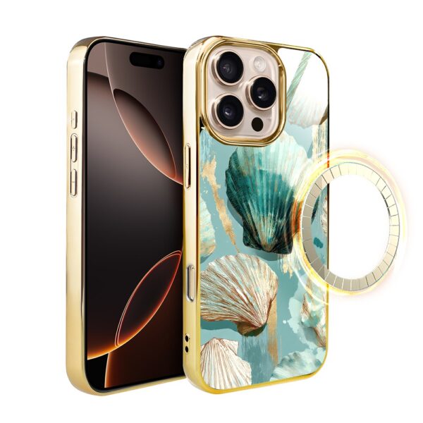 Etui do iPhone 16 Pro, Elite Glass z MagSafe, szklany tył, Morze, Turkusowy skarb, złote