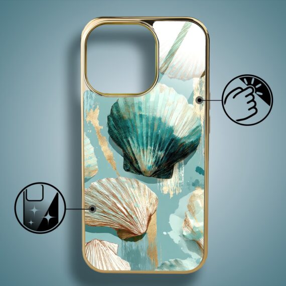 Etui do iPhone 16 Pro, Elite Glass z MagSafe, szklany tył, Morze, Turkusowy skarb, złote (6)