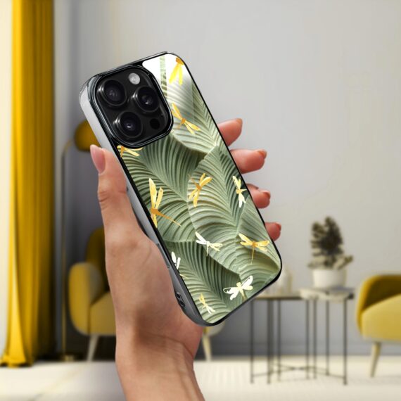 Etui do iPhone 16 Pro Max, Elite Glass z MagSafe, szklany tył, Kwiaty, Taniec ważek, czarne (1)