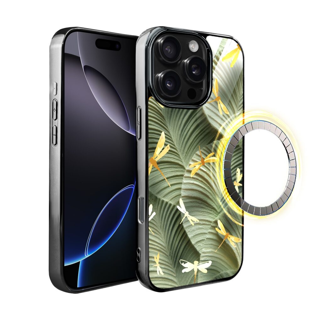 Etui do iPhone 16 Pro Max, Elite Glass z MagSafe, szklany tył, Kwiaty, Taniec ważek, czarne (5)