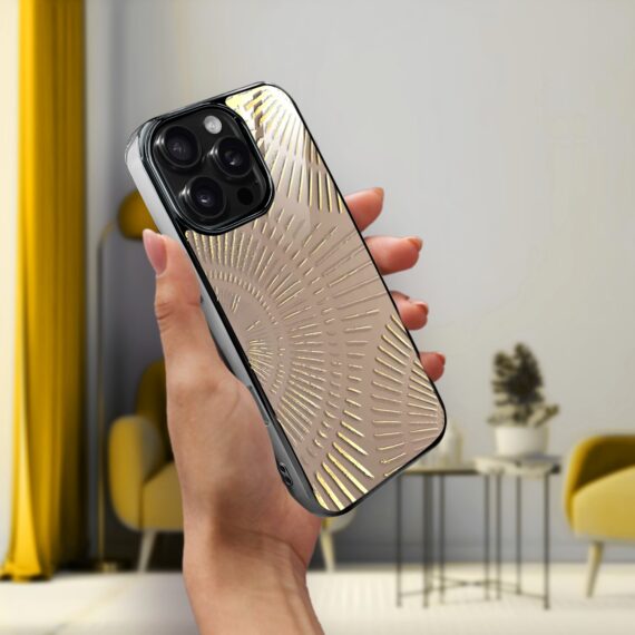 Etui do iPhone 16 Pro Max, Elite Glass z MagSafe, szklany tył, Mistyczne wzory, Boski promień beżowe, czarne (1)