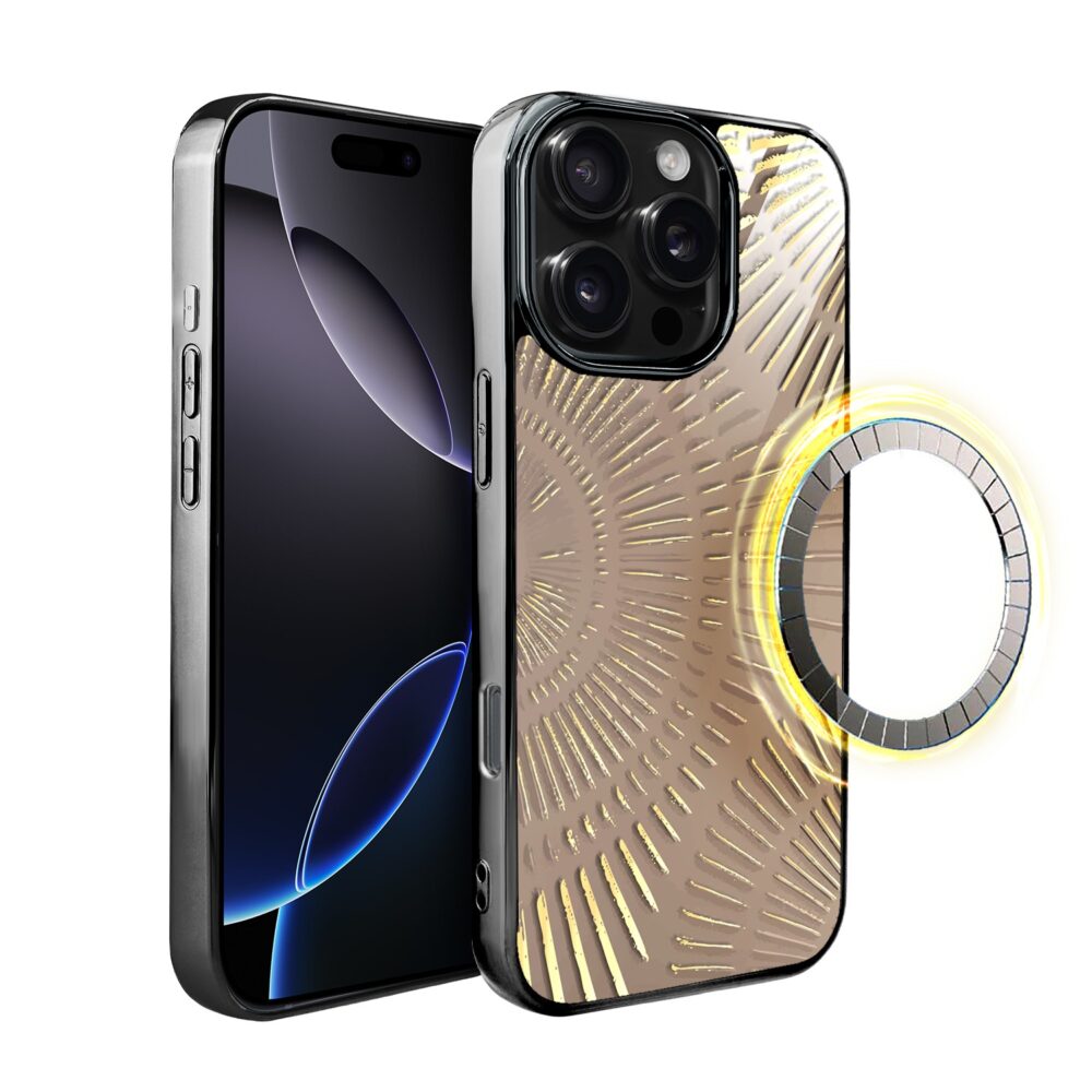 Etui do iPhone 16 Pro Max, Elite Glass z MagSafe, szklany tył, Mistyczne wzory, Boski promień beżowe, czarne (5)