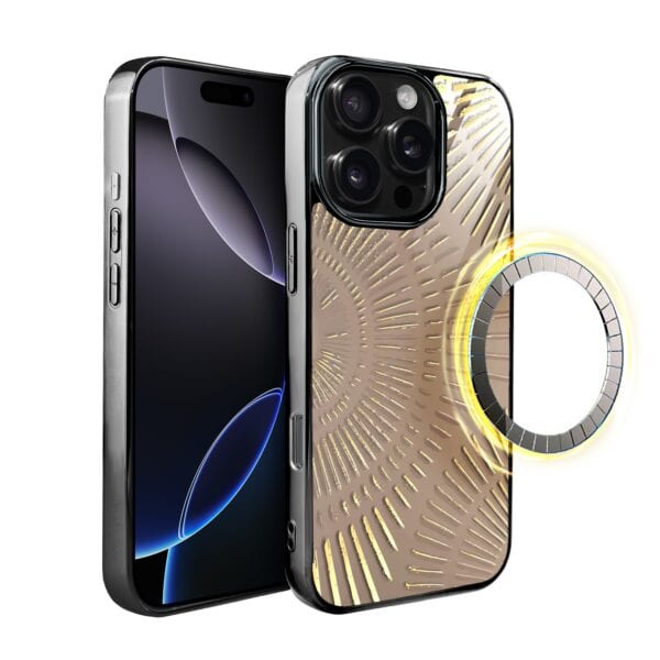 Etui do iPhone 16 Pro, Elite Glass z MagSafe, szklany tył, Mistyczne wzory, Boski promień beżowe, czarne