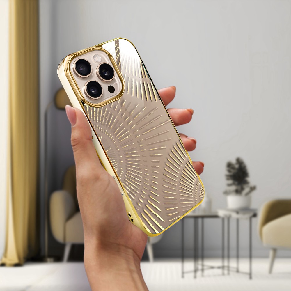 Etui do iPhone 16 Pro Max, Elite Glass z MagSafe, szklany tył, Mistyczne wzory, Boski promień beżowe, złote (4)