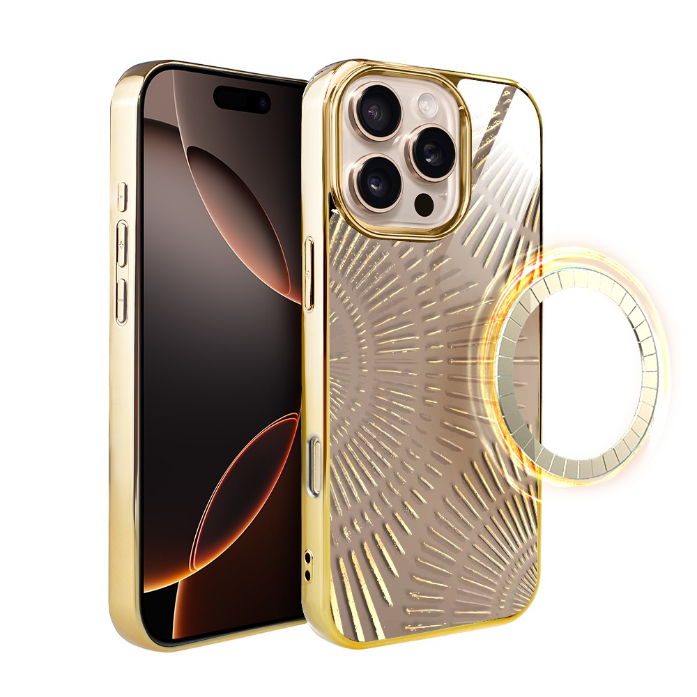 Etui do iPhone 16 Pro, Elite Glass z MagSafe, szklany tył, Mistyczne wzory, Boski promień beżowe, złote