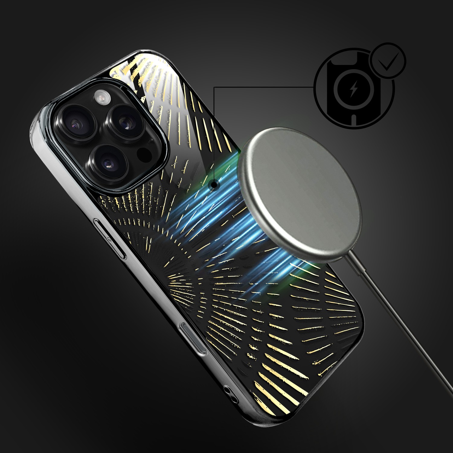 Etui do iPhone 16 Pro Max, Elite Glass z MagSafe, szklany tył, Mistyczne wzory, Boski promień czarne, czarne (5)