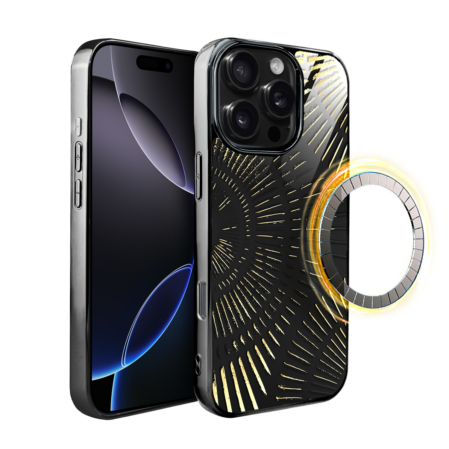 Etui do iPhone 16 Pro, Elite Glass z MagSafe, szklany tył, Mistyczne wzory, Boski promień czarne, czarne